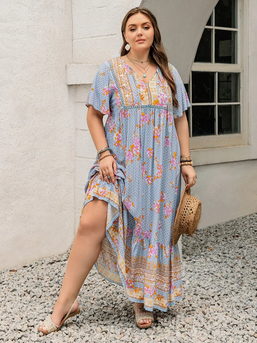 Printed Tie Neck Flutter Sleeve Maxi Dress - alternate view 2