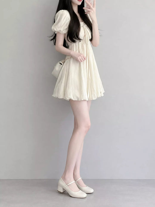 Puff-Sleeve Smocked Mini Dress with Tie-Front Detail - alternate view 2