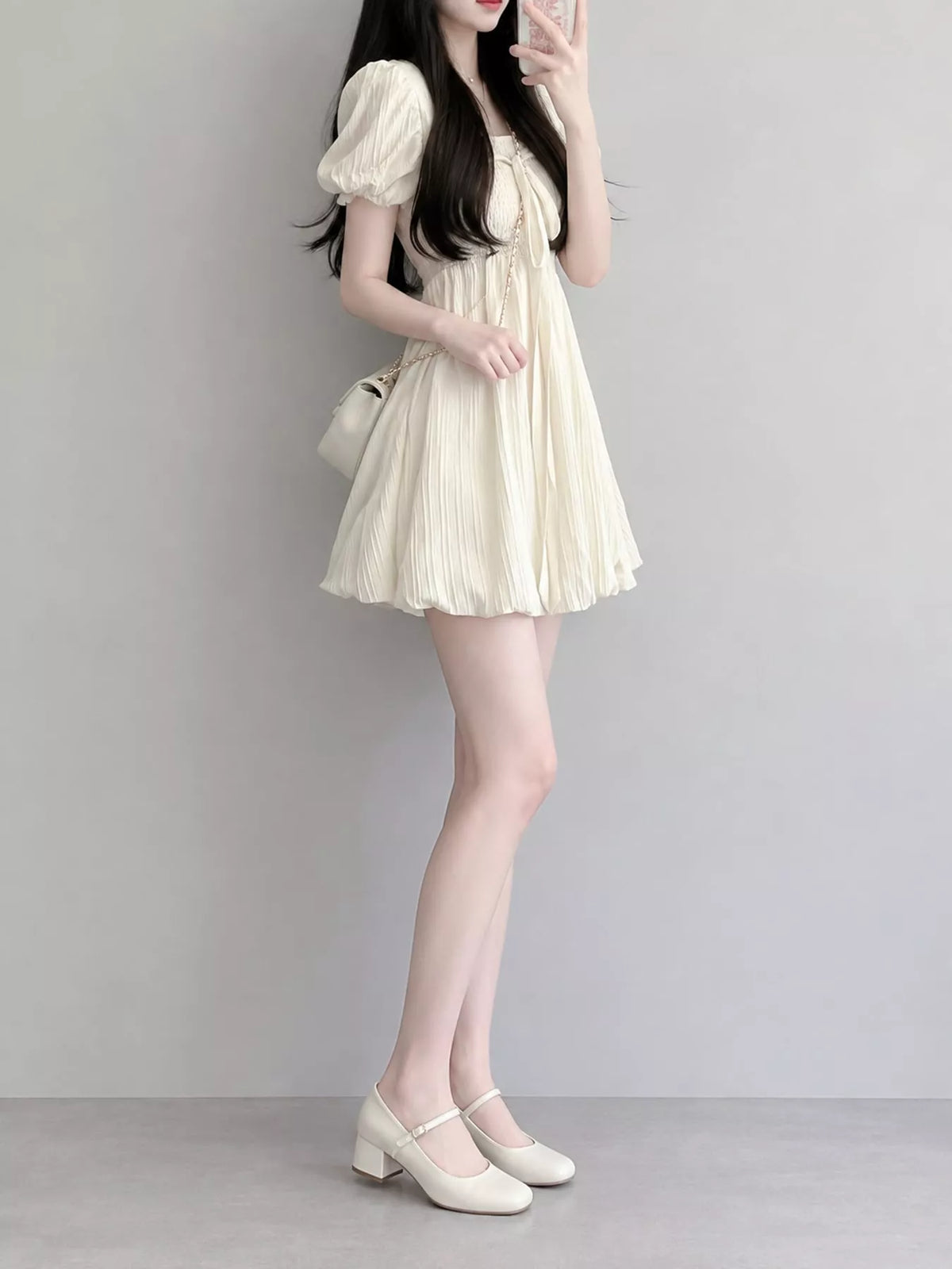Puff-Sleeve Smocked Mini Dress with Tie-Front Detail - alternate view 2