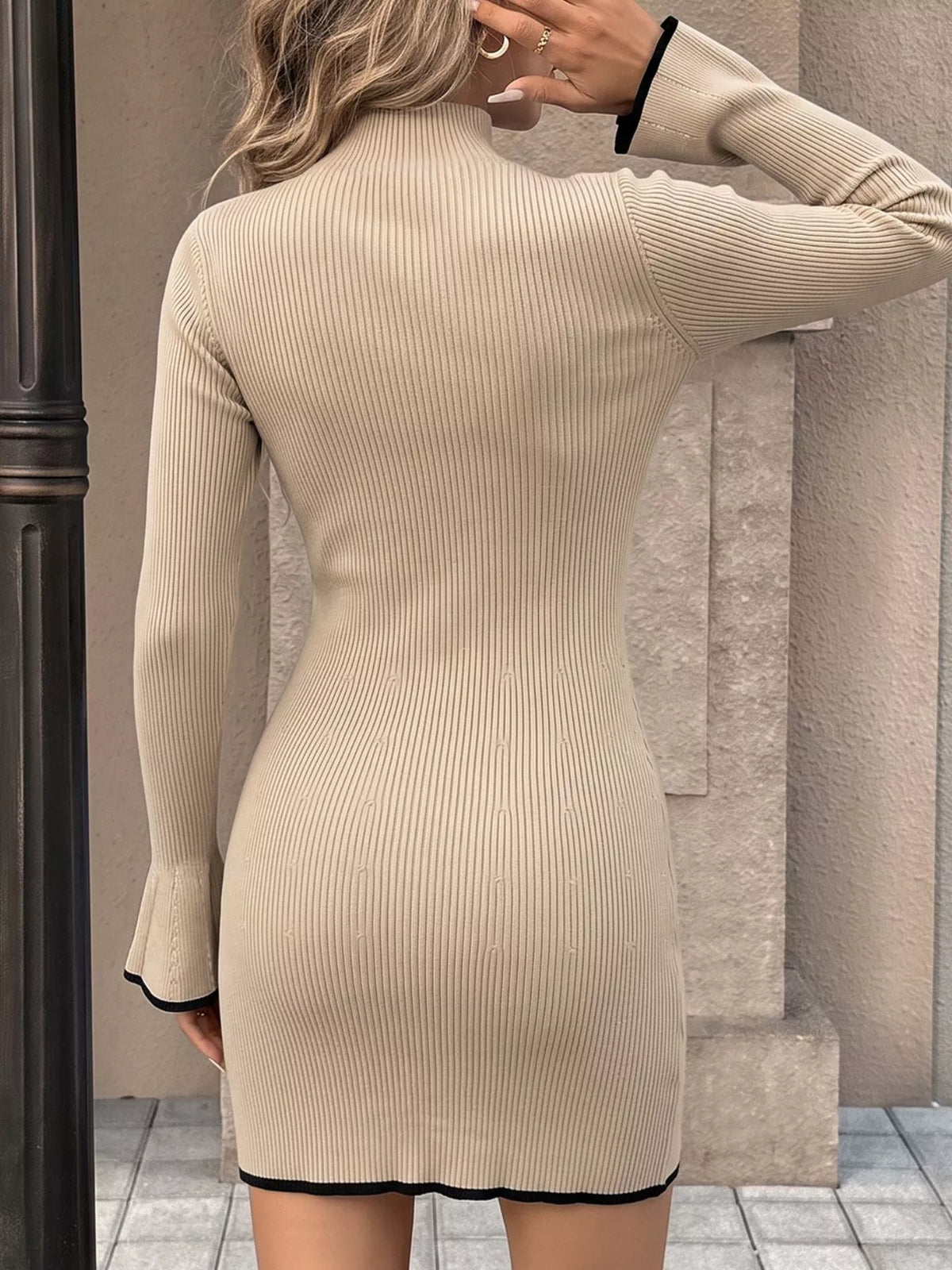 Ribbed Mock Neck Flare Sleeve Sweater Dress - alternate view 5