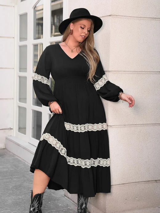 Lace Detail V-Neck Long Sleeve Midi Dress - alternate view 6