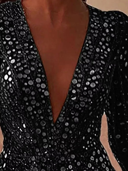V-Neck Sequin Embellished Long Sleeve Mini Dress - alternate view 3