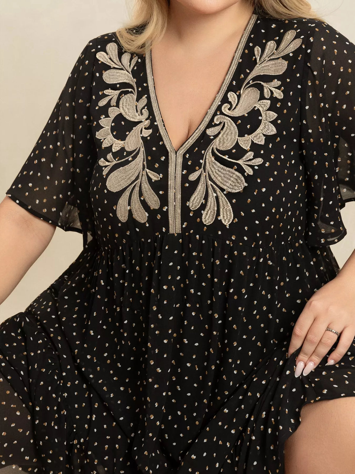 Printed V-Neck Flutter Sleeve Maxi Dress - alternate view 2