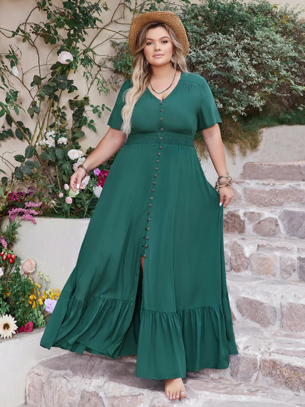 Button Detail V-Neck Short Sleeve Maxi Dress - alternate view 3