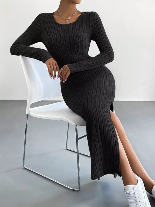 Side Slit Ribbed Knit Dress