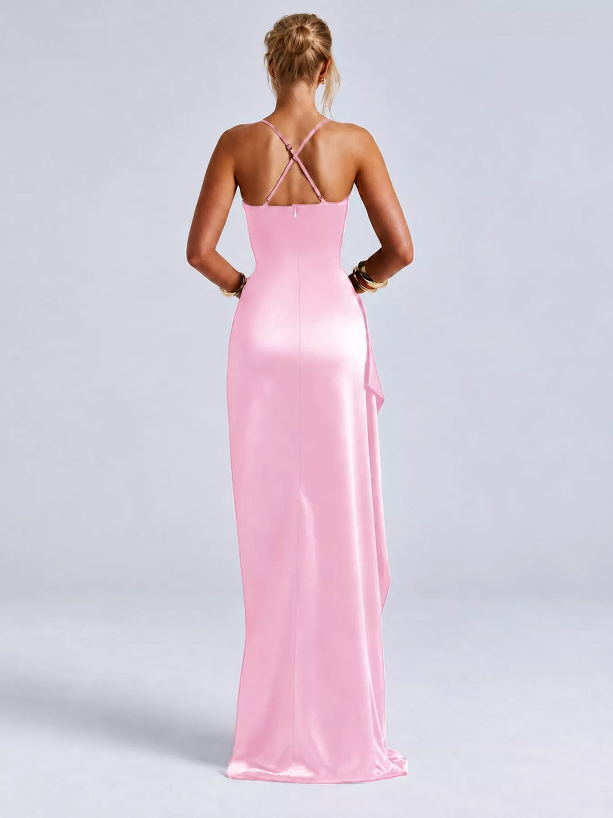 Satin Ruched High-Slit Maxi Dress - alternate view 10