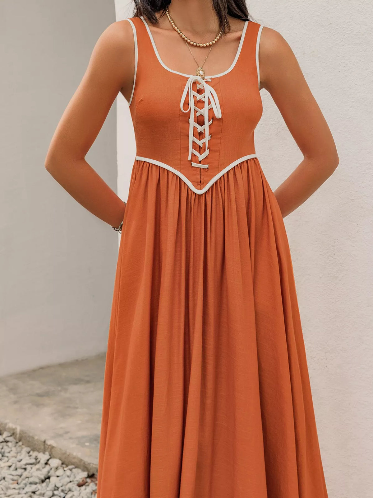 Contrast Trim Lace-Up Maxi Tank Dress - alternate view 2