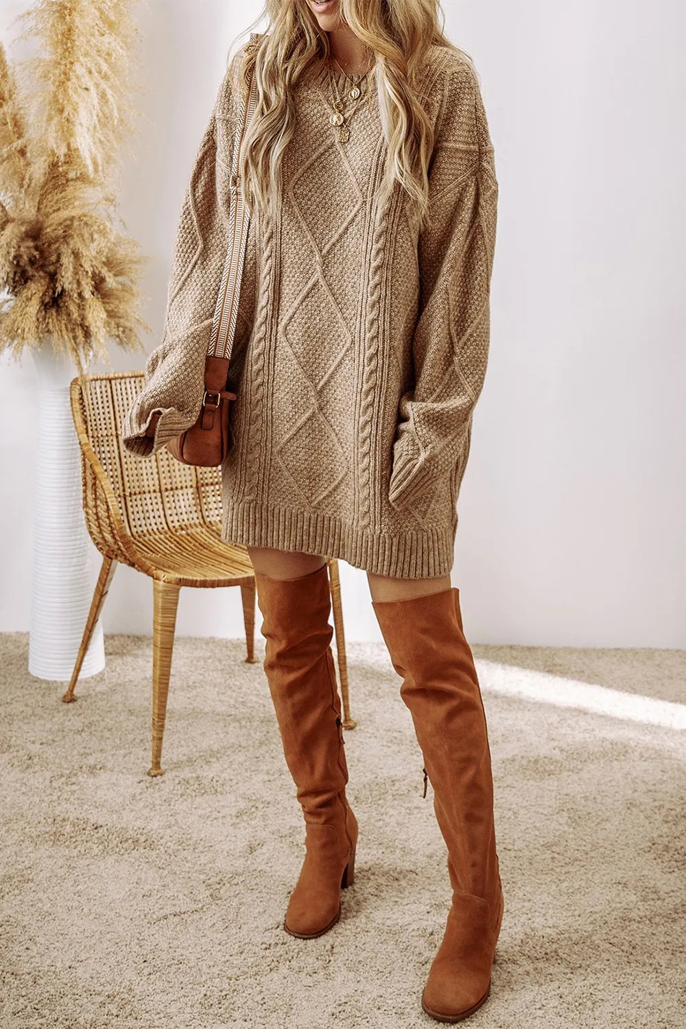 Cable-Knit Round Neck Sweater Dress - alternate view 15