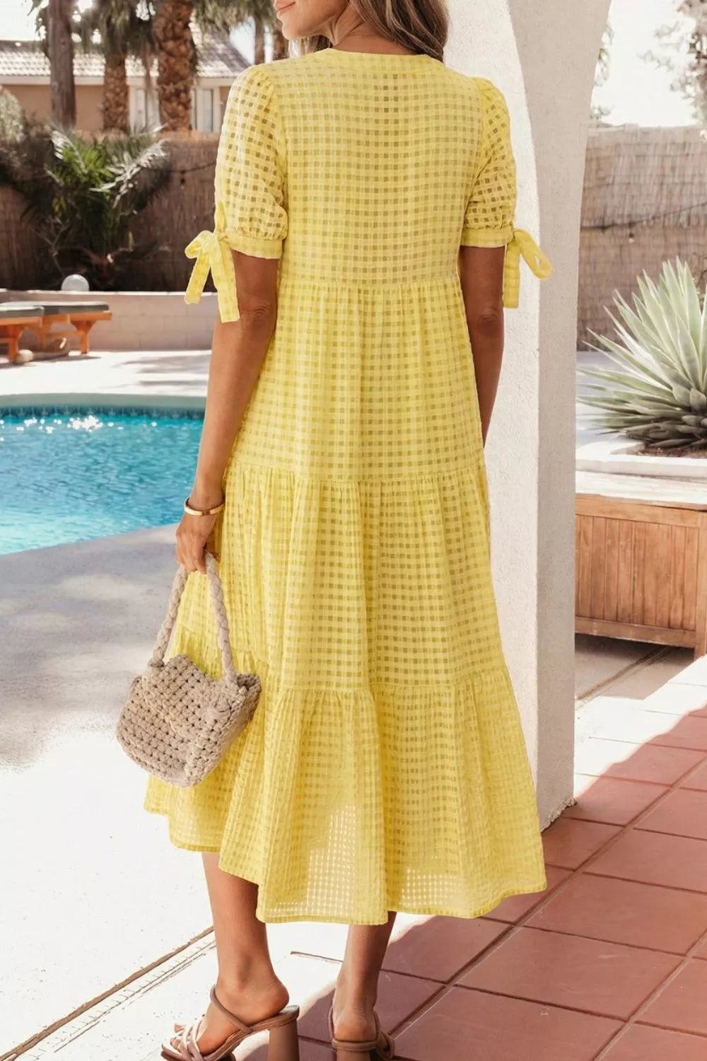 Gingham Textured Bow Tie Short Sleeve Tiered Midi Dress - alternate view 3