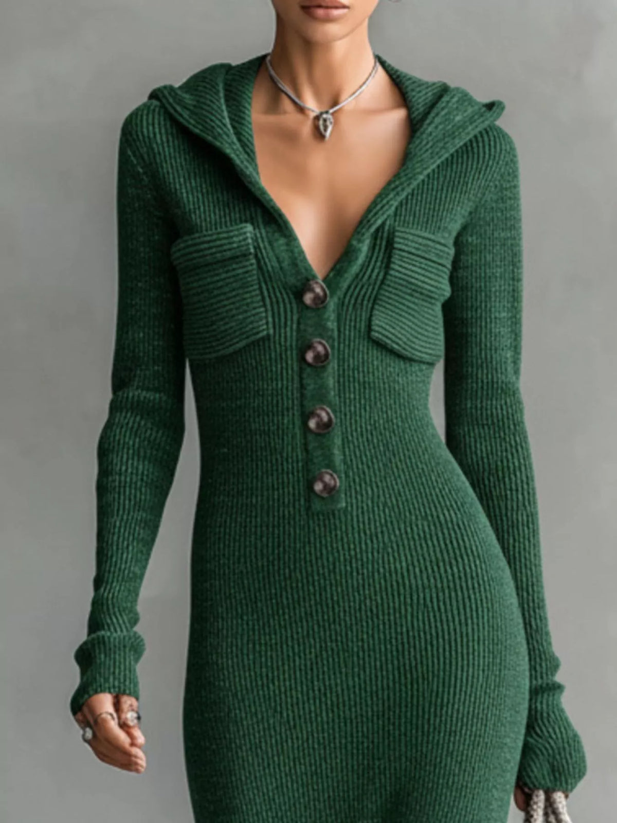 Hooded Knit Maxi Dress with Button-Up Placket and Chest Pockets - alternate view 6