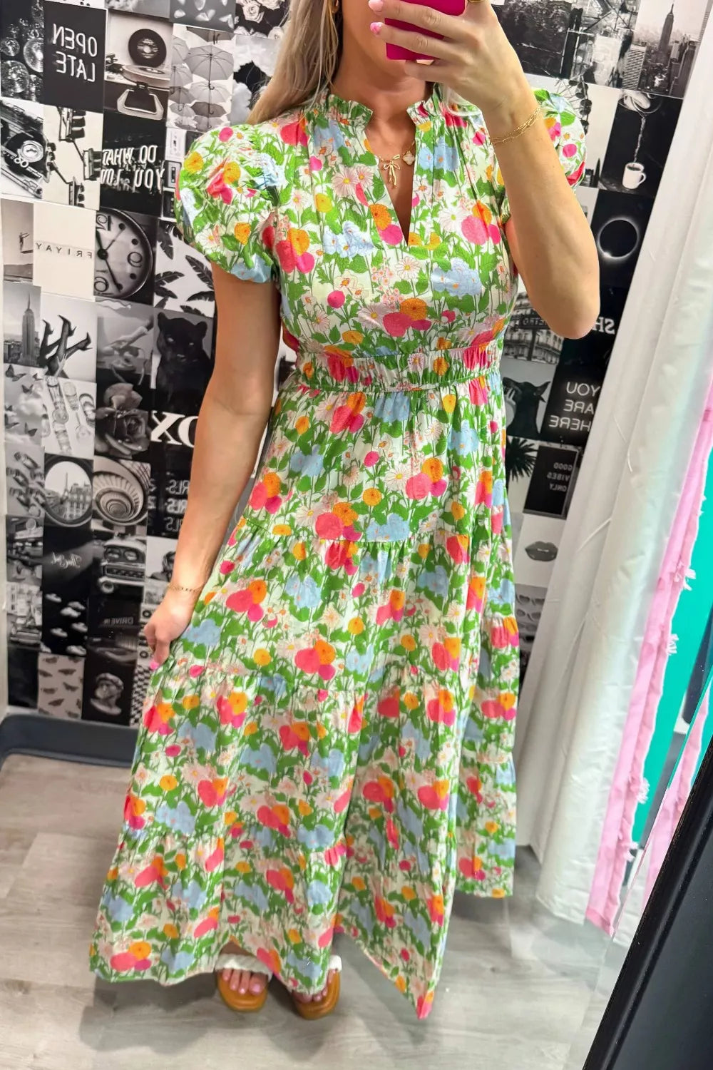 Floral Print V Neck Short Puff Sleeve Cotton Maxi Dress - alternate view 1