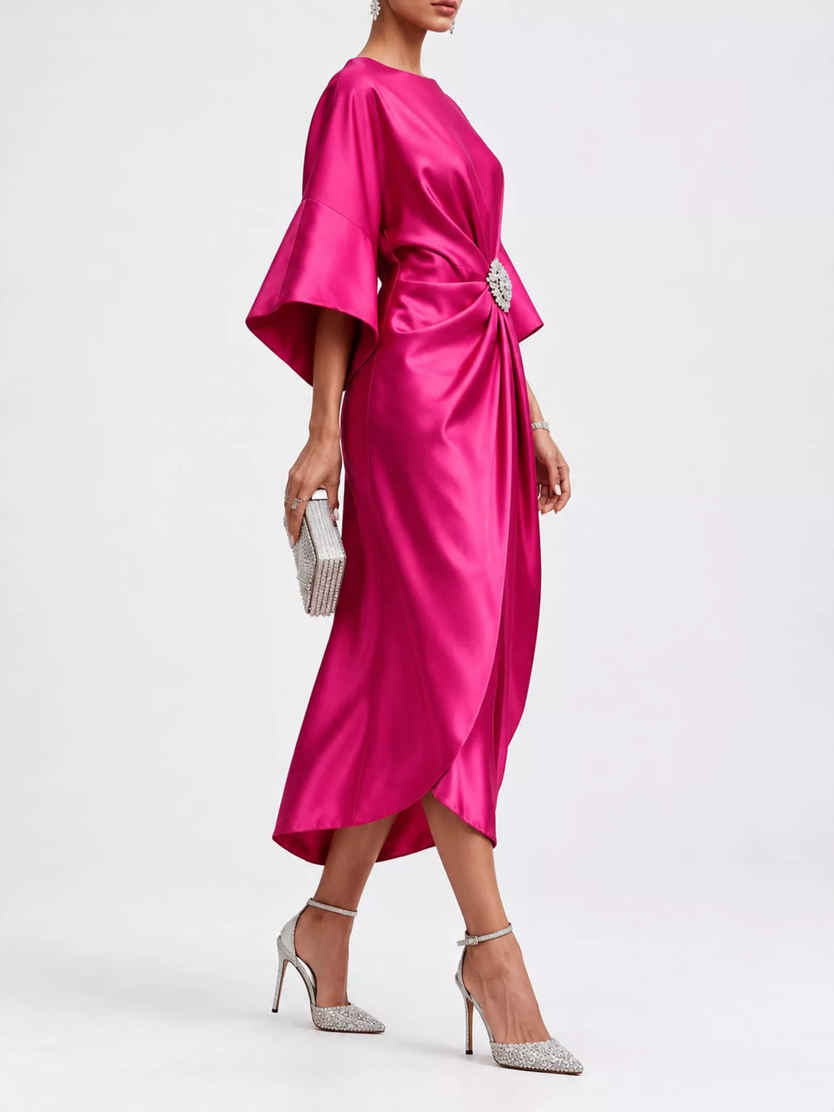 Full Size Satin Draped Evening Dress with Crystal Brooch Plus Size - alternate view 3