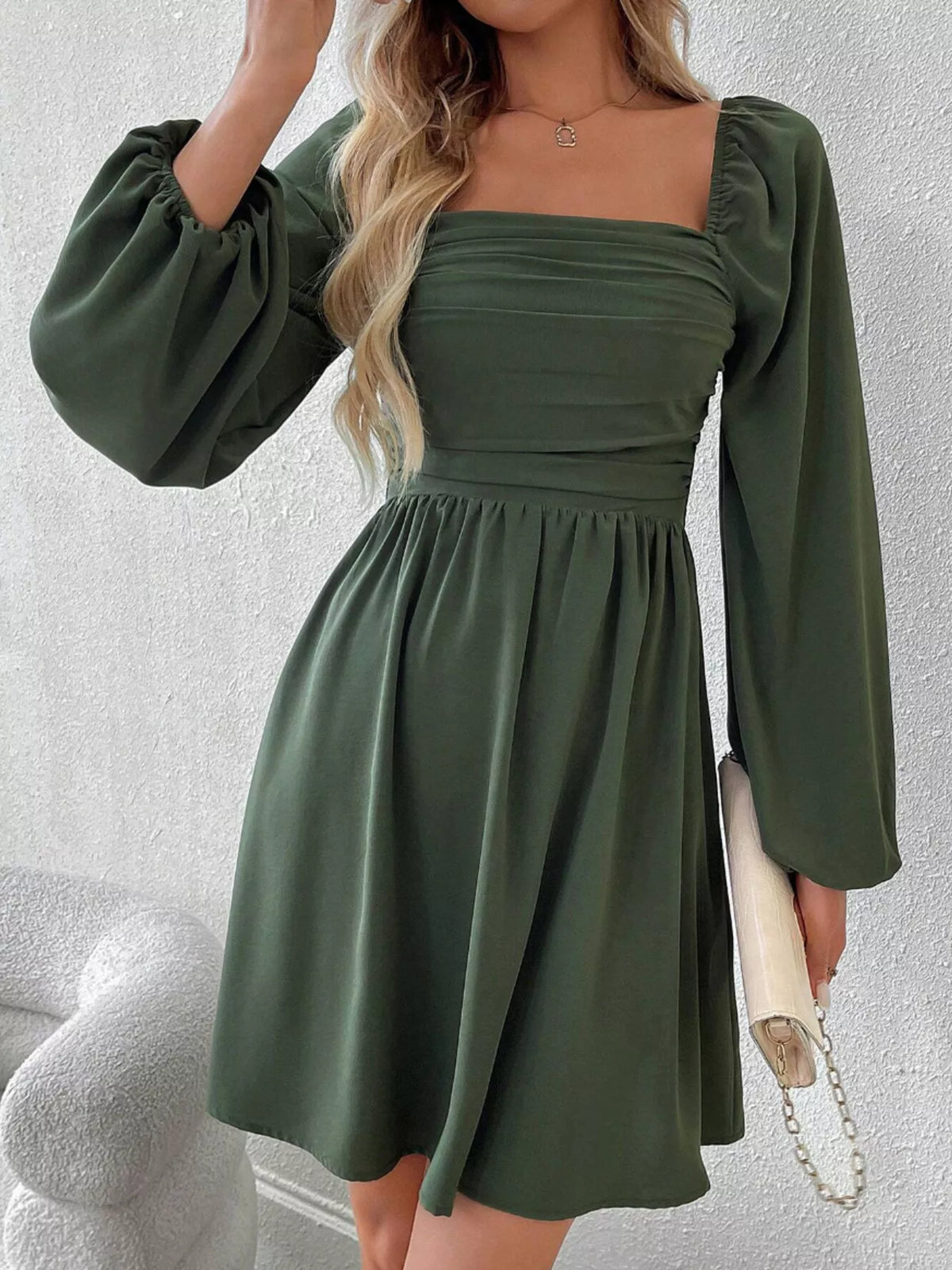 Ruched Square Neck Long Sleeve A-Line Dress - alternate view 7