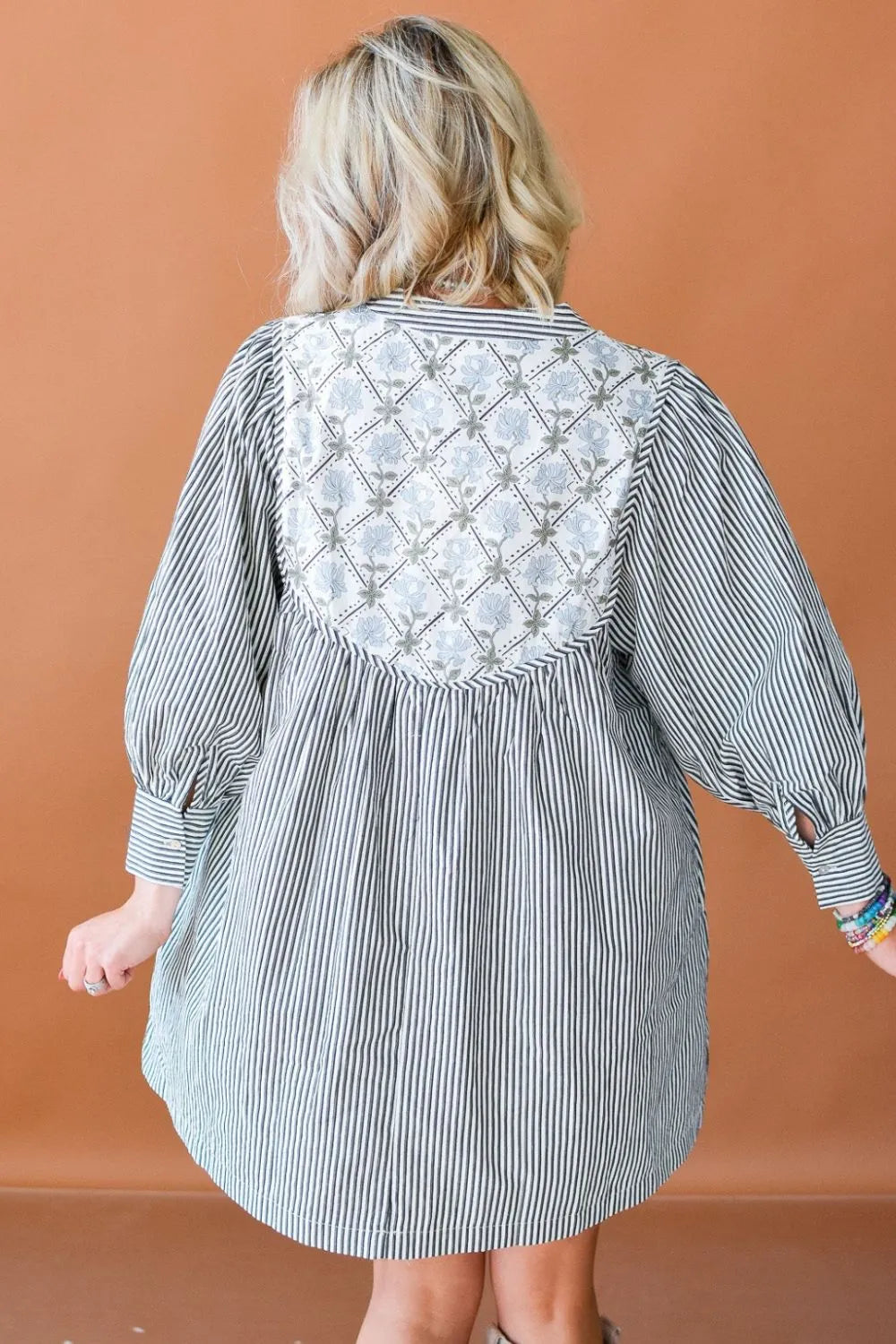 Tied Floral Printed Striped Long Sleeve Dress - alternate view 3