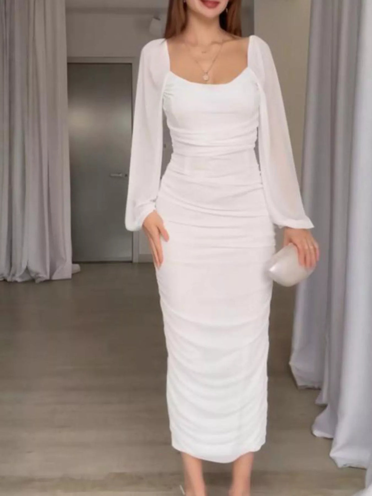 Ruched Sheer Long Sleeve Dress - alternate view 4