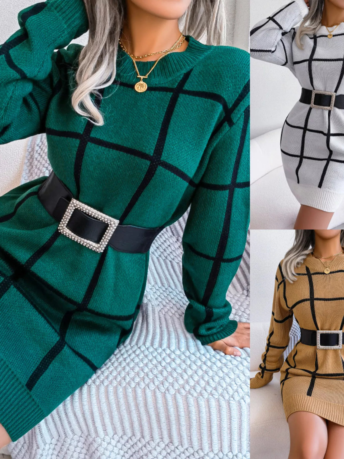 Plaid Pattern Long Sleeve Sweater Dress - alternate view 6