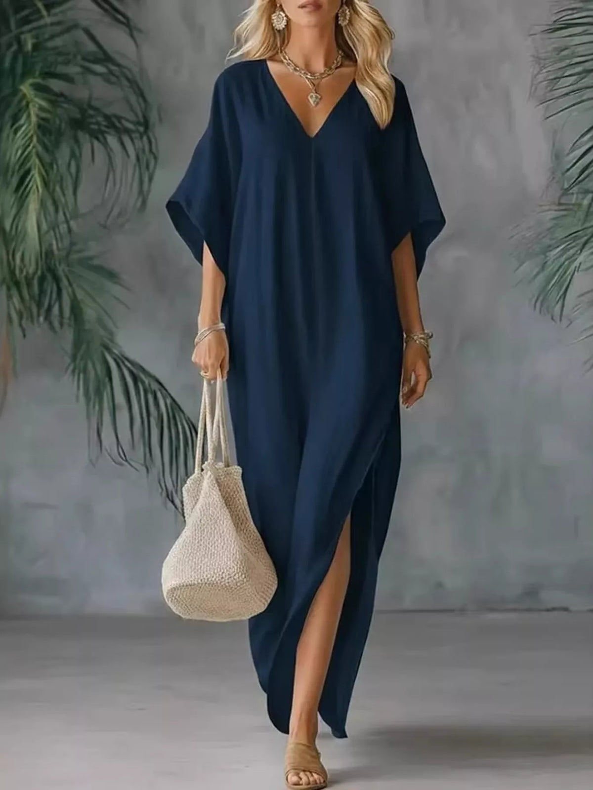 Full Size V-Neck Maxi Dress with Side Slits Plus Size - alternate view 3