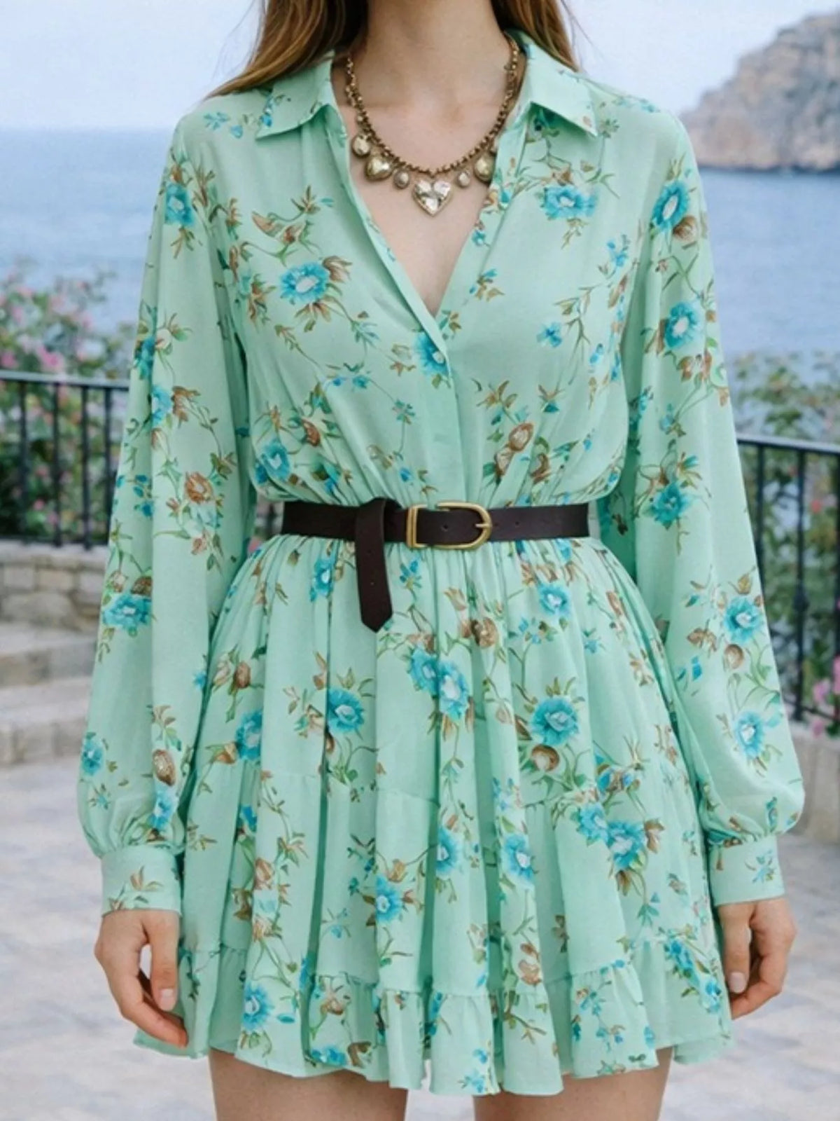 Floral Print Long Sleeve Shirt Dress Plus Size - alternate view 3