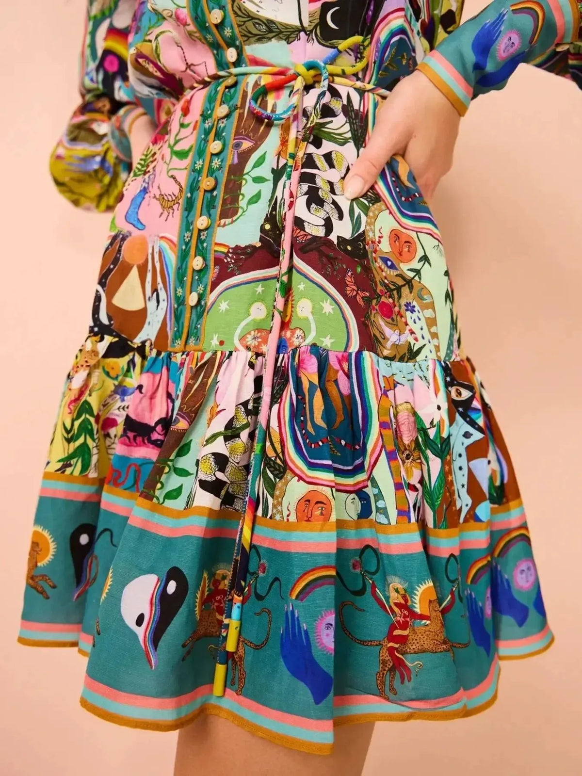Printed Long Sleeve Mini Dress with Belt - alternate view 5