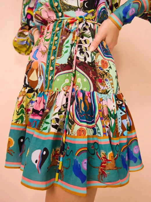 Printed Long Sleeve Mini Dress with Belt - alternate view 5