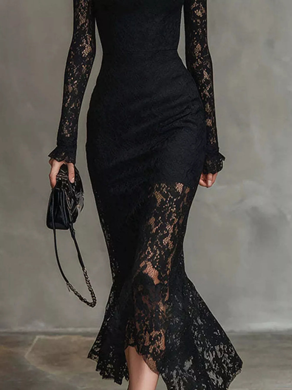 Elegant Lace Mock Neck Mermaid Midi Dress - alternate view 3