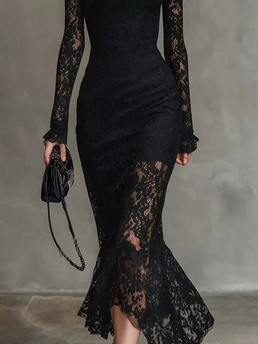 Elegant Lace Mock Neck Mermaid Midi Dress - alternate view 3
