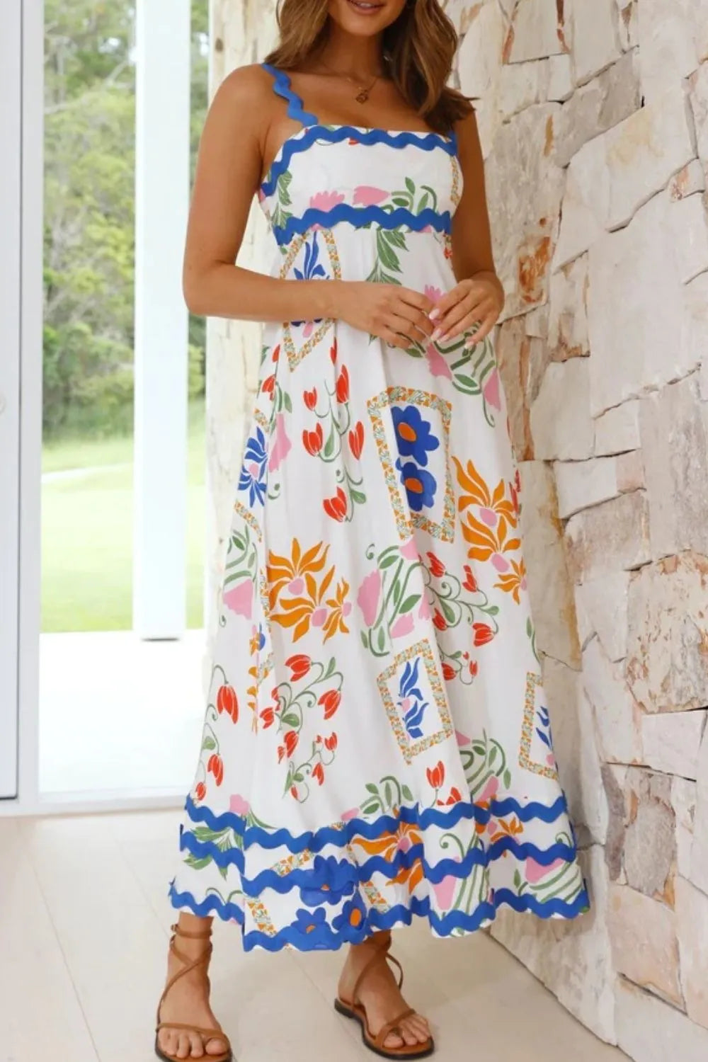 Printed Square Neck Wide Strap Midi Dress - alternate view 2