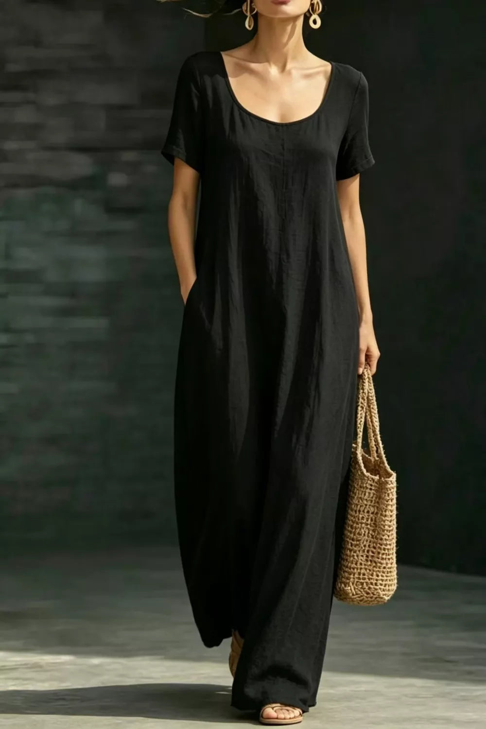 Full Size Casual Loose Short Sleeve Maxi Dress - alternate view 6