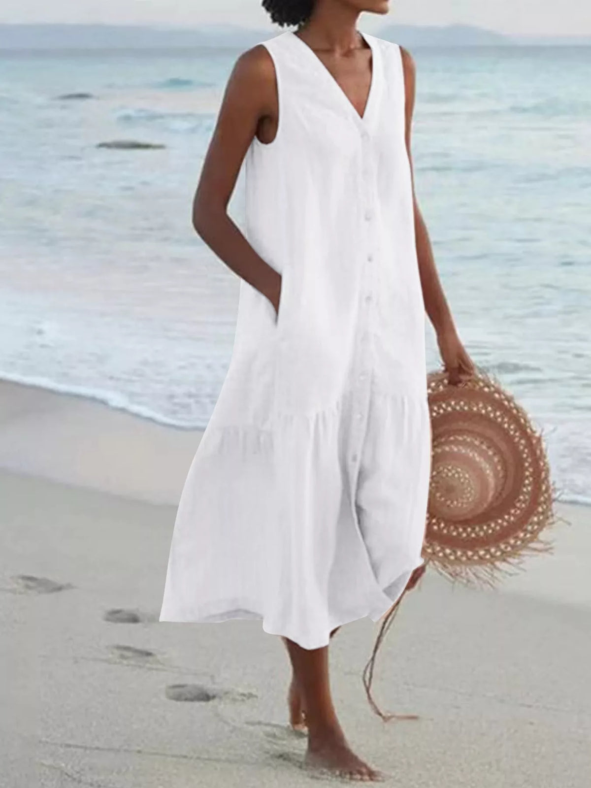 Full Size V-Neck Button Front Sleeveless Midi Dress Plus Size