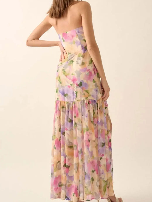 Strapless Floral Maxi Dress with Side Slit - alternate view 2
