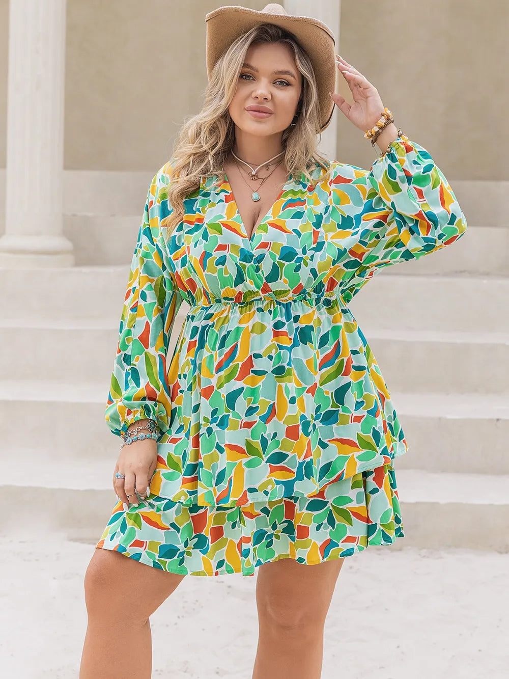 Printed Surplice Long Sleeve Mini Dress - alternate view 5
