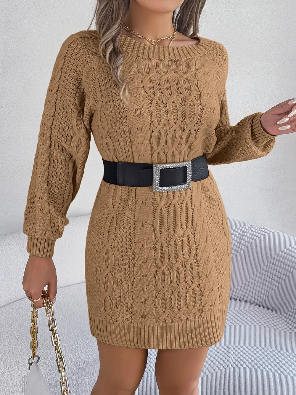 Cable-Knit Round Neck Sweater Dress - alternate view 7