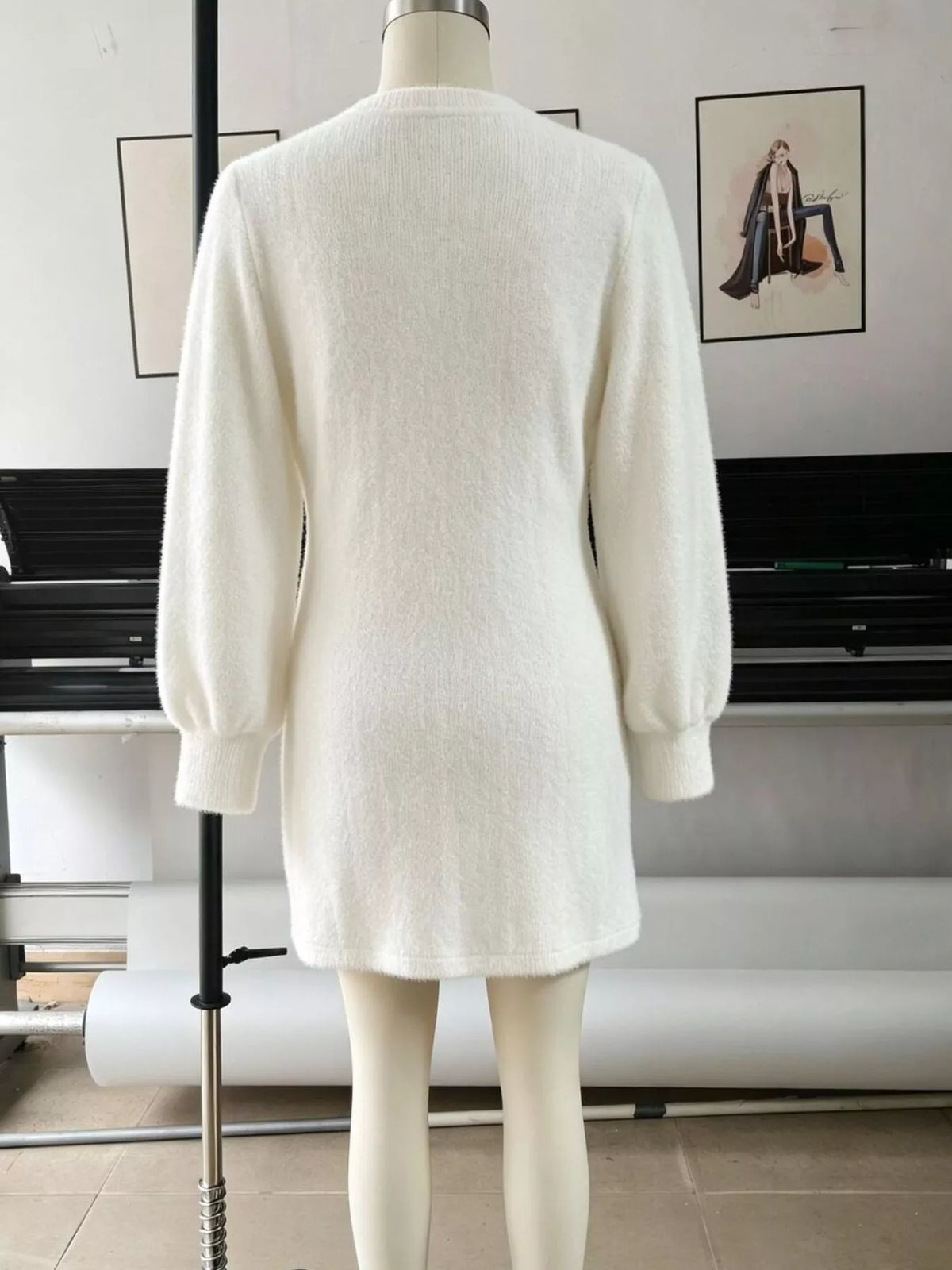 Fuzzy V-Neck Long Sleeve Sweater Dress - alternate view 8