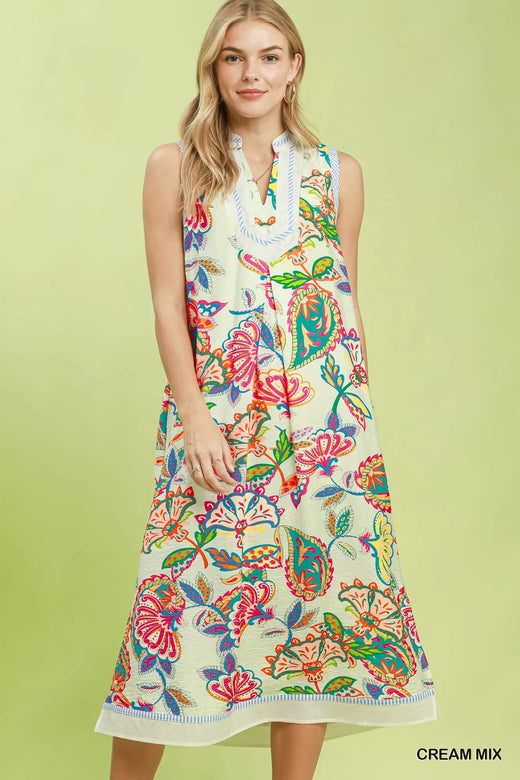 Paisley Floral Sleeveless Midi Dress