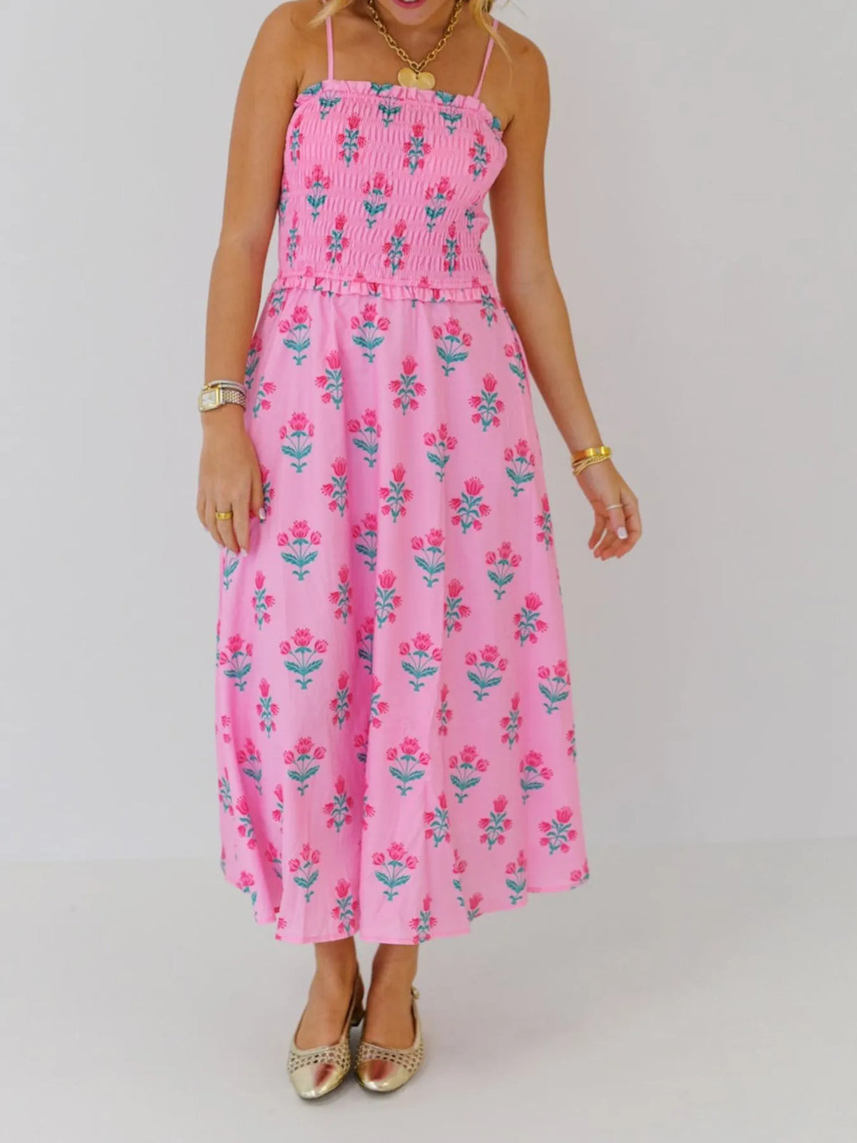Floral Smocked Adjustable Strap Midi Cami Dress - alternate view 6