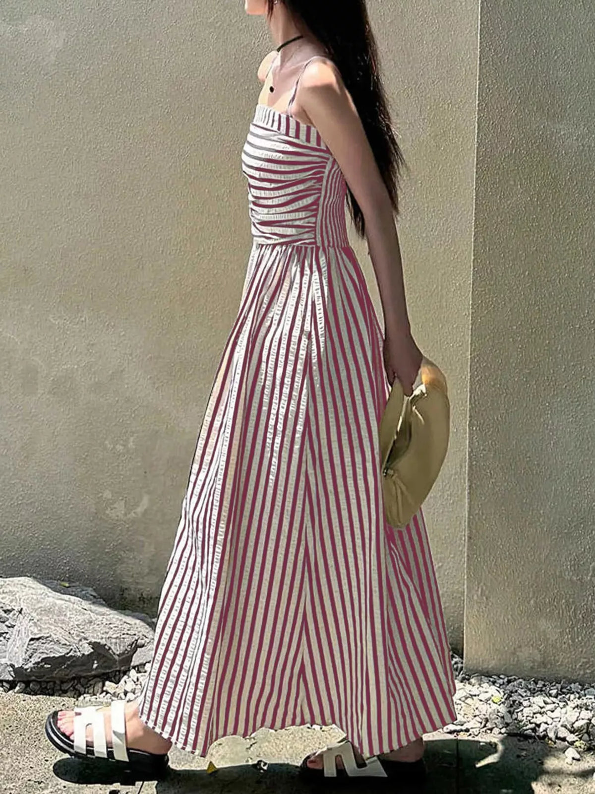 Striped Spaghetti Strap A-Line Maxi Dress - alternate view 9