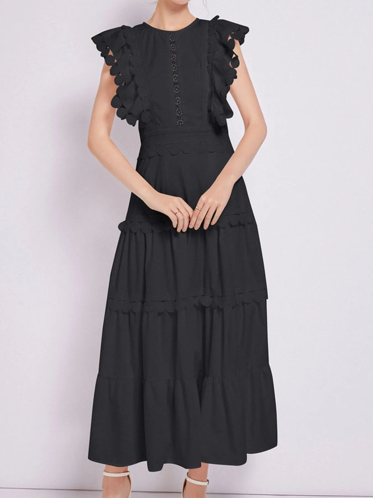 Sleeveless Ruffled Tiered Dress with Embroidered Trim - alternate view 14