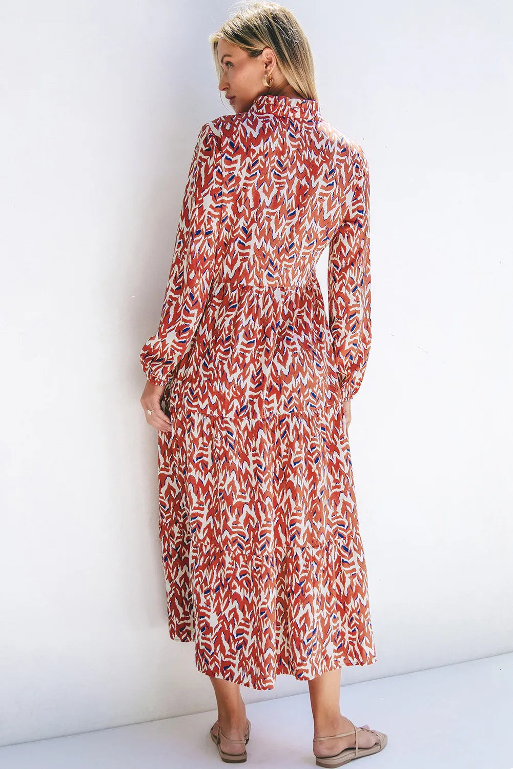 Printed Notched Long Sleeve Dress - alternate view 4