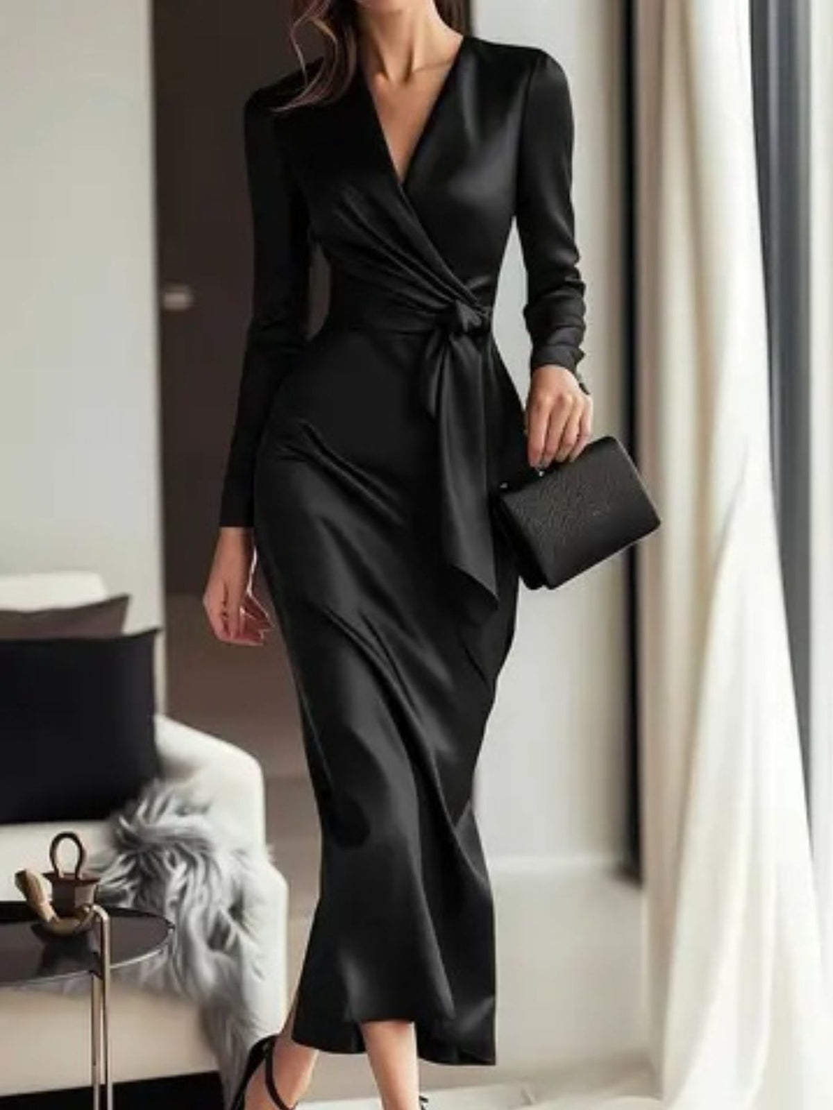 Satin Tie Waist Long Sleeve Dress - alternate view 6
