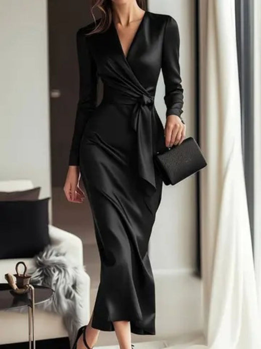 Satin Tie Waist Long Sleeve Dress - alternate view 6