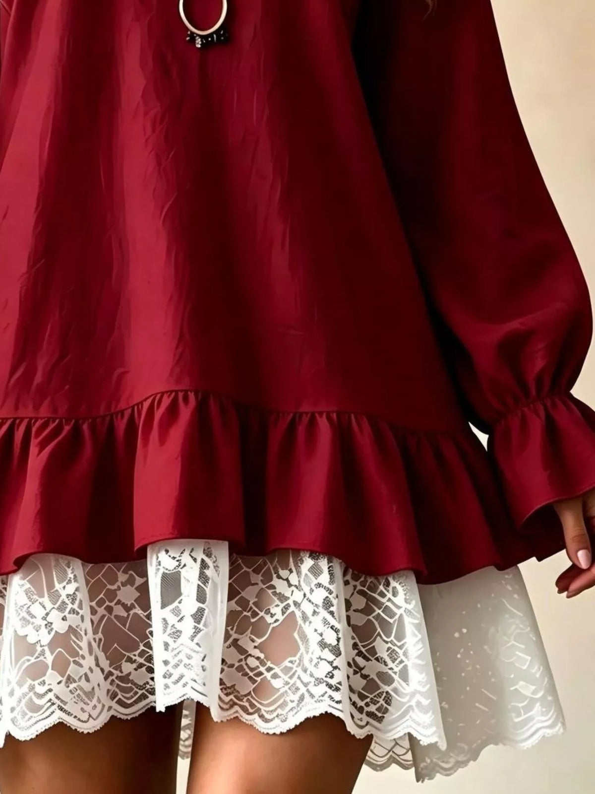 V-Neck Long Sleeve Ruffle Hem Lace Trim Mini Dress - alternate view 6