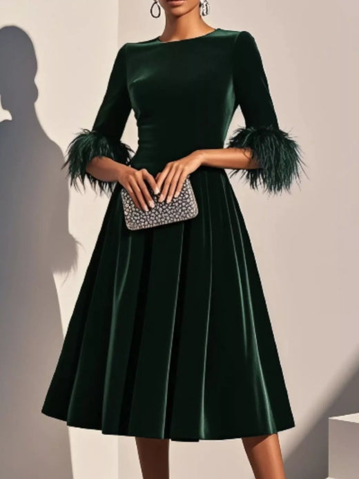 Velvet Midi Dress with Feather Cuffs - alternate view 5