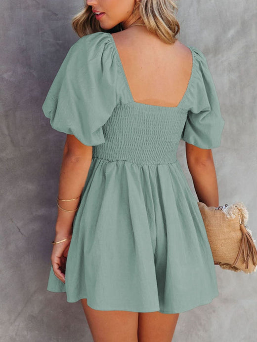 Square Neck Ruched Puff Sleeve Romper - alternate view 1