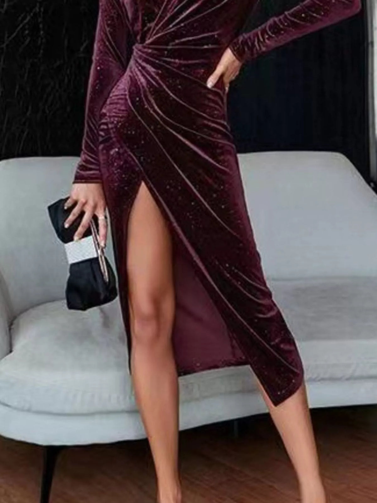 Velvet Ruched Slit Midi Dress - alternate view 15