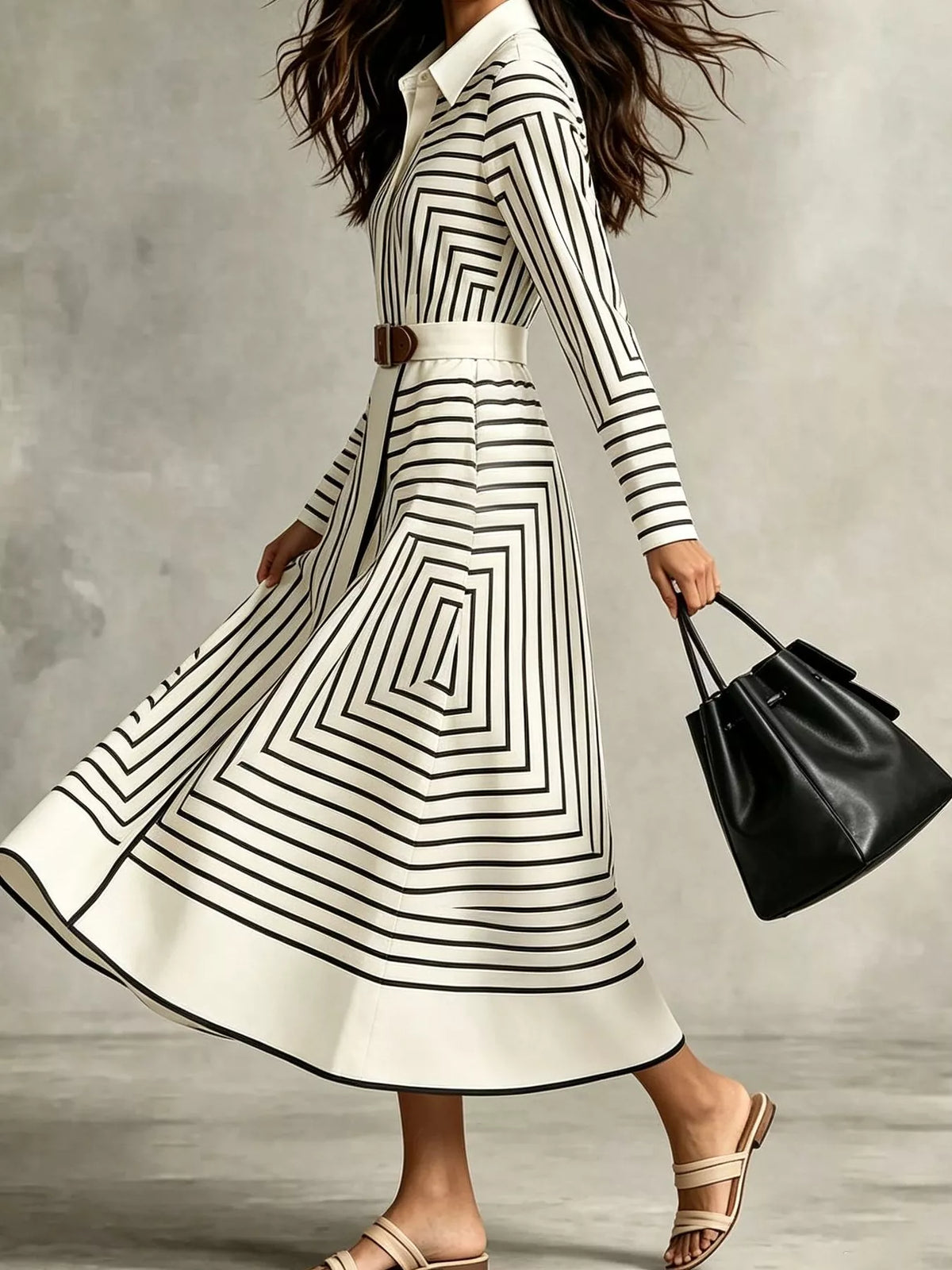 Geometric Striped Midi Shirt Dress - alternate view 4