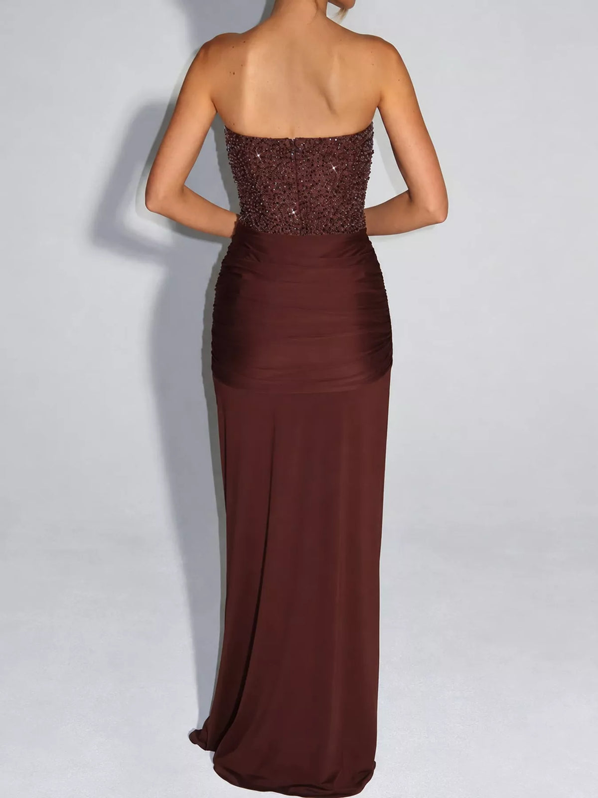 Elegant Strapless Sequin Corset Maxi Dress with Draped Waist Detail - alternate view 38