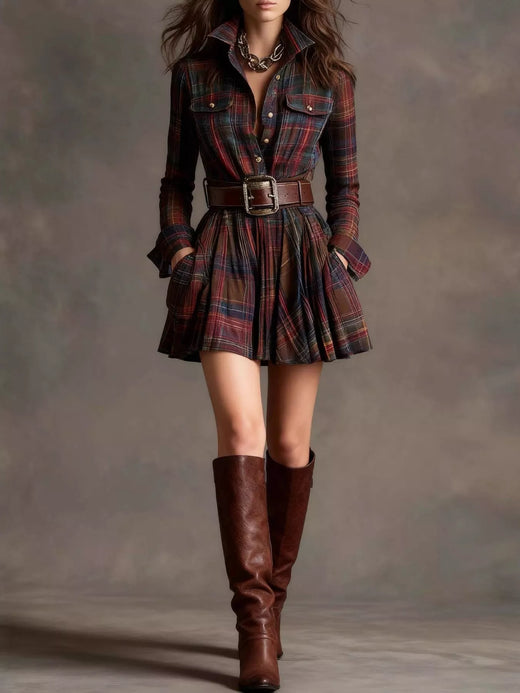 Plaid Long-Sleeve Shirt Dress