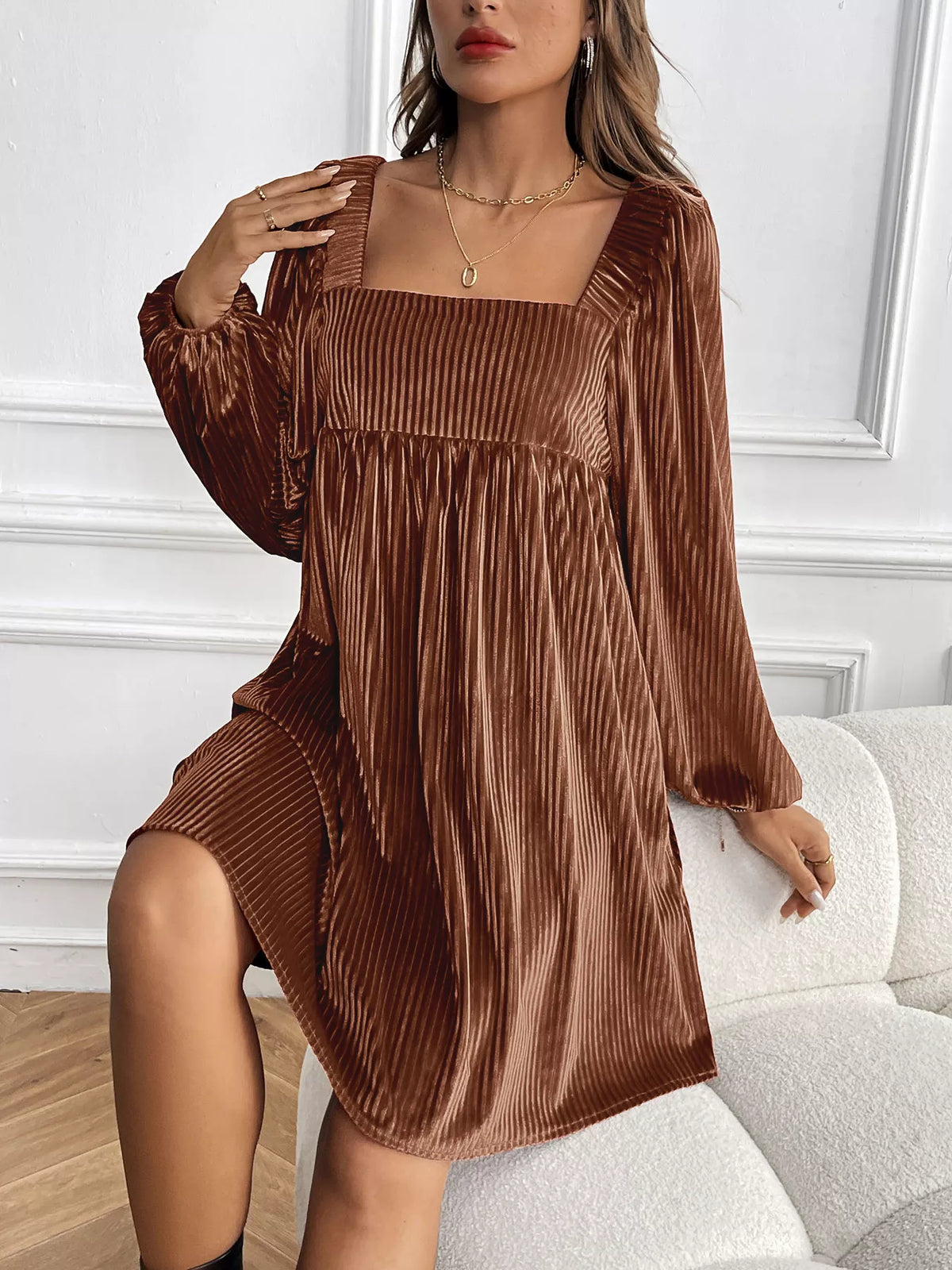 Velvet Square Neck Long Sleeve Dress - alternate view 4