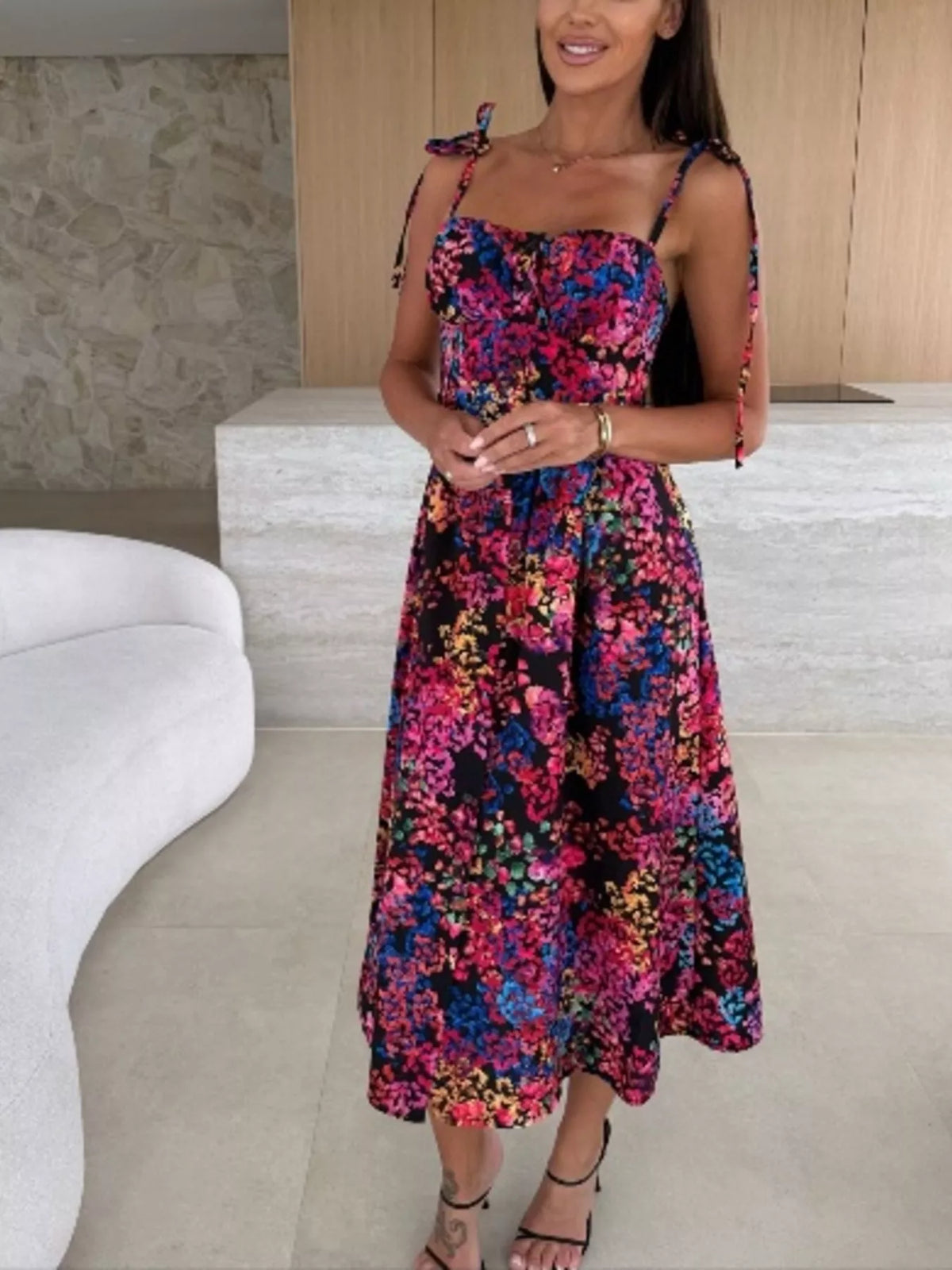 Printed Tie-Strap Midi Dress - alternate view 3