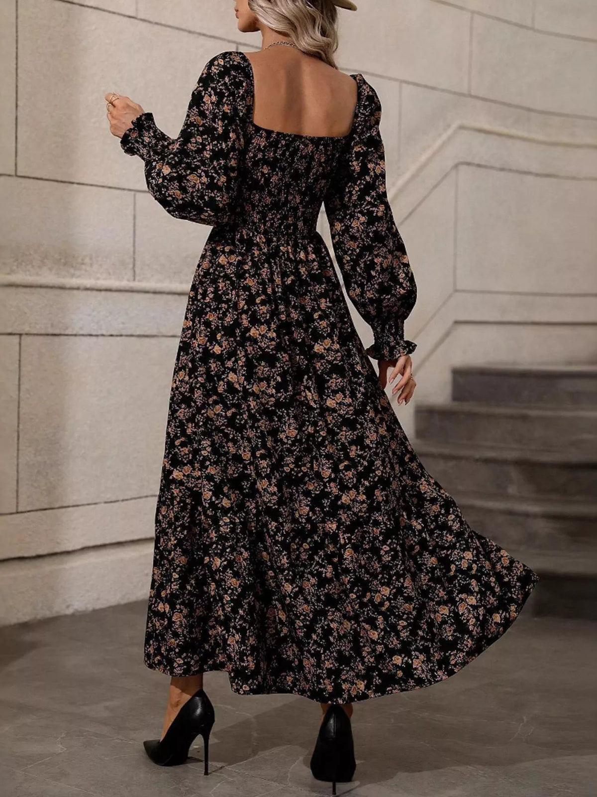 Floral Print Square Neck Smocked Midi Dress - alternate view 6
